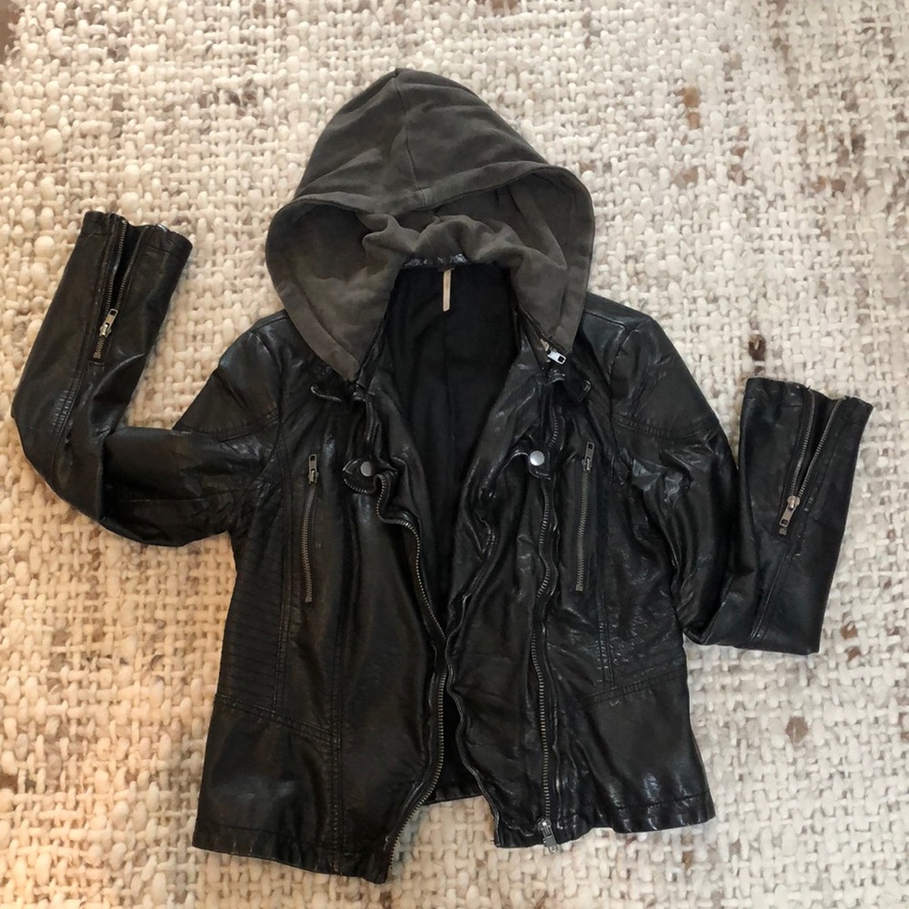 Free People Leather Jacket with Zip Off Hood